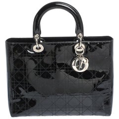 Dior Black Cannage Patent Leather Large Lady Dior Tote