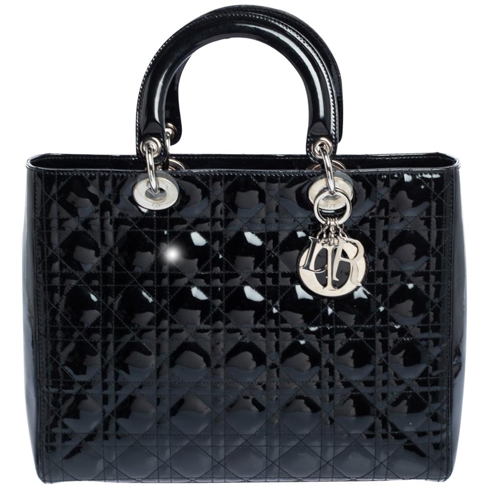 Dior Black Cannage Patent Leather Large Lady Dior Tote at 1stDibs