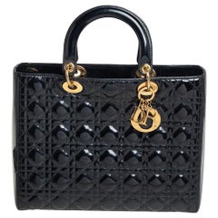 Dior Black Cannage Patent Leather Large Lady Dior Tote