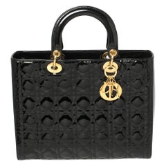 Dior Black Cannage Patent Leather Large Lady Dior Tote