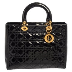 Dior Black Cannage Patent Leather Large Lady Dior Tote
