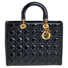 Dior Black Cannage Patent Leather Large Lady Dior Tote