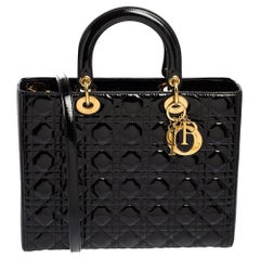 Dior Black Cannage Patent Leather Large Lady Dior Tote