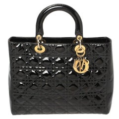 Dior Black Cannage Patent Leather Large Lady Dior Tote