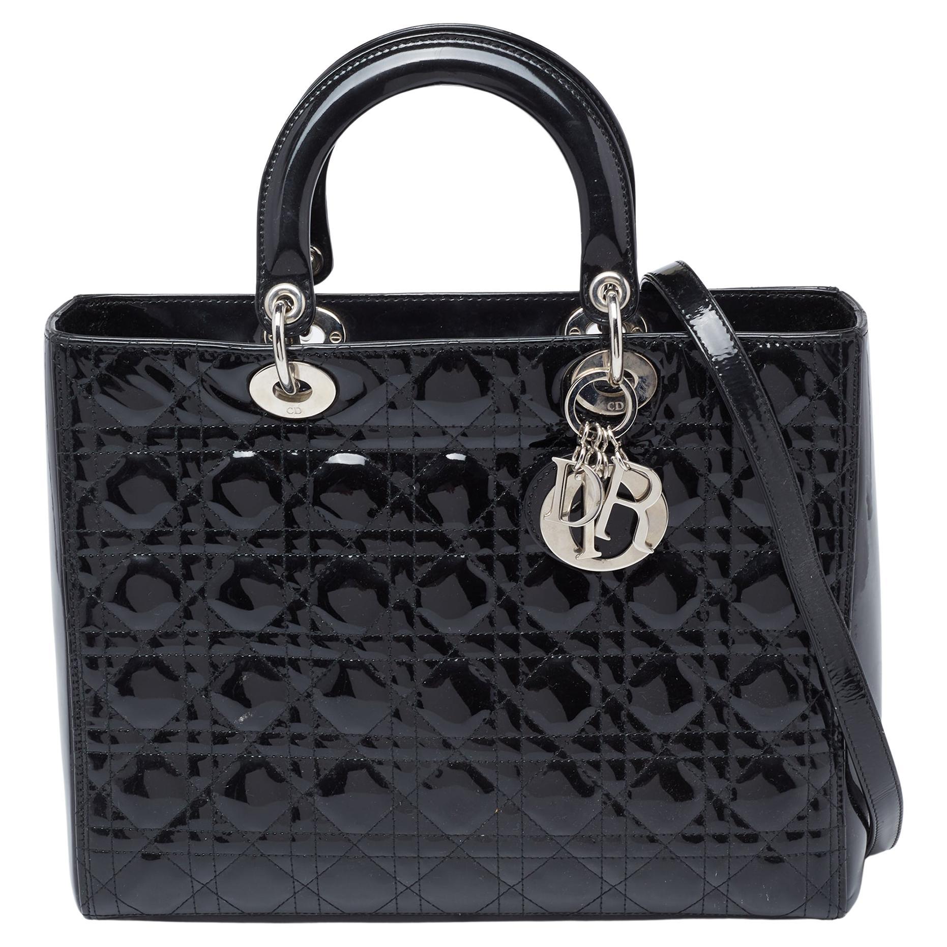 Dior Black Cannage Quilted Patent Leather Large Lady Dior Tote at 1stDibs