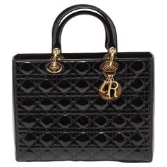 Dior - Grand sac cabas Lady Dior en cuir verni noir cannage