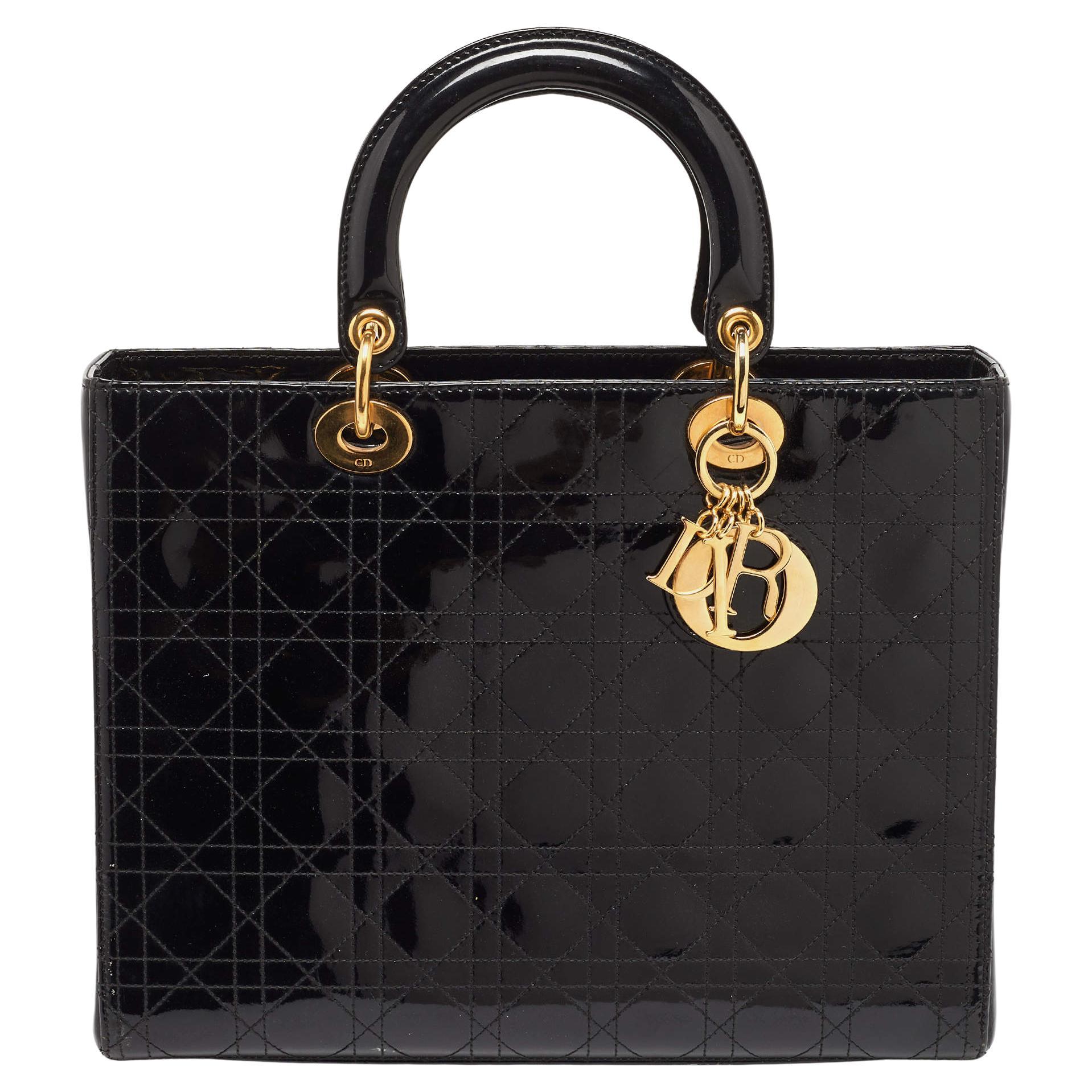 Dior Black Cannage Patent Leather Large Lady Dior Tote For Sale