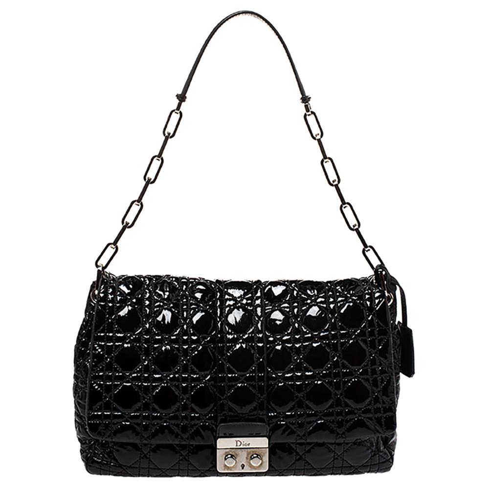 Dior Black Cannage Patent Leather Large New Lock Flap Shoulder Bag