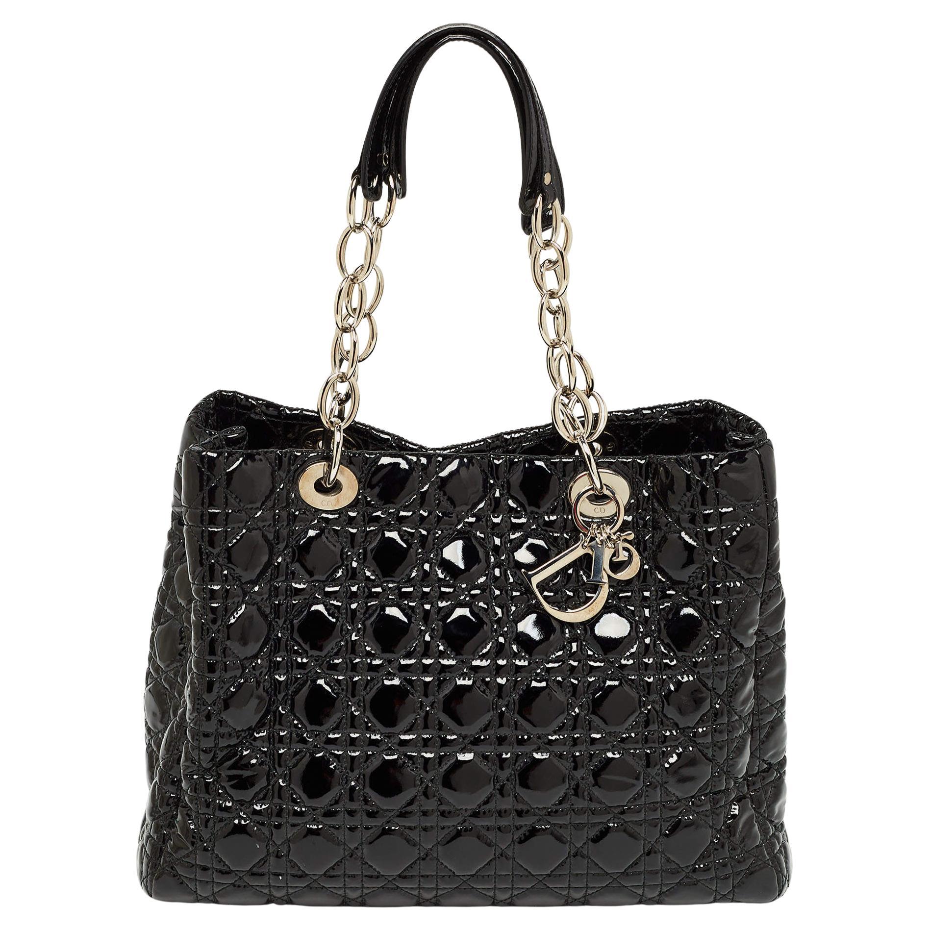 Dior Black Cannage Patent Leather Large Soft Lady Dior Shopper Tote en vente