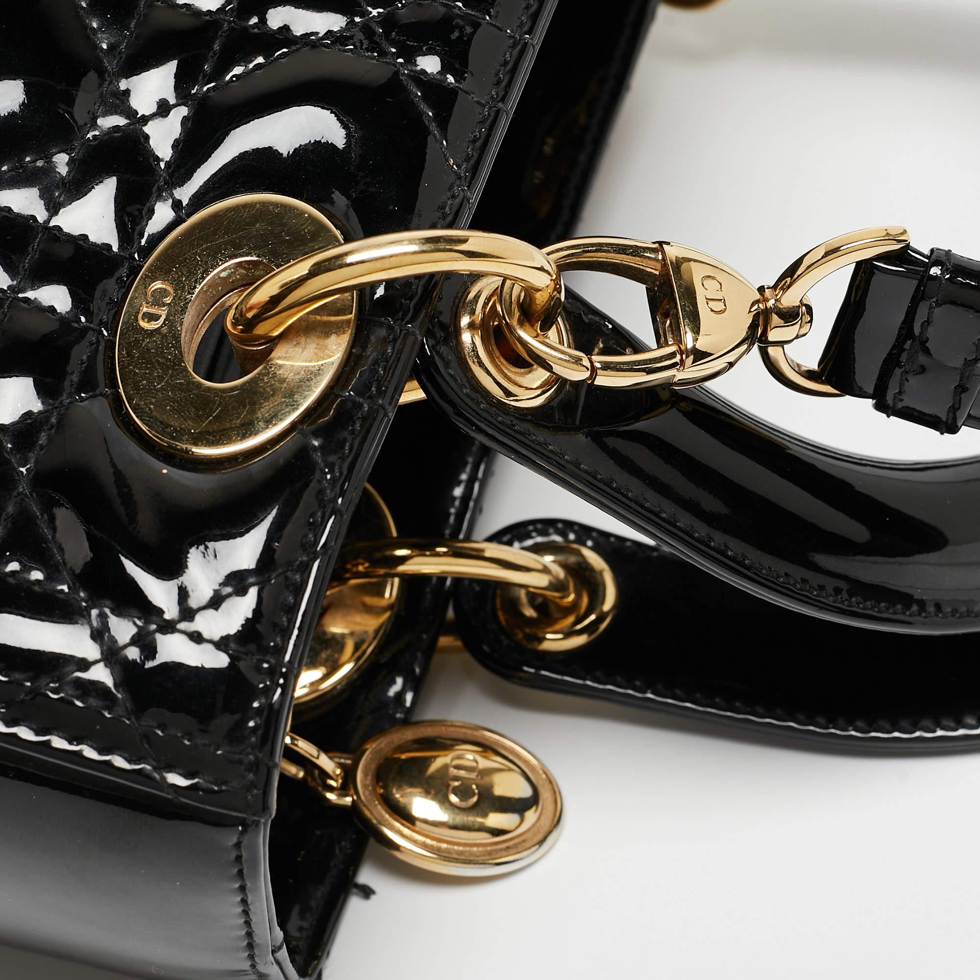 Dior Black Cannage Patent Leather Medium Lady Dior Tote en vente 6