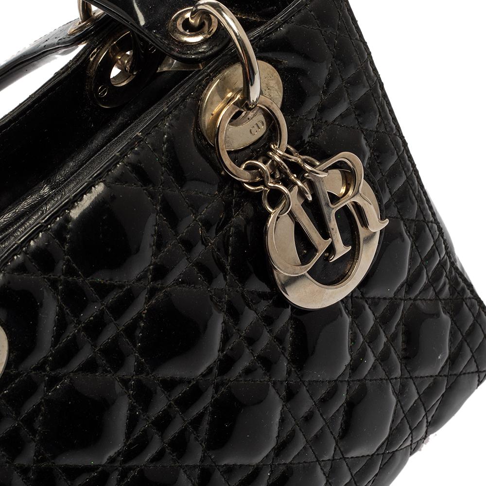 Dior Black Cannage Patent Leather Medium Lady Dior Tote 5