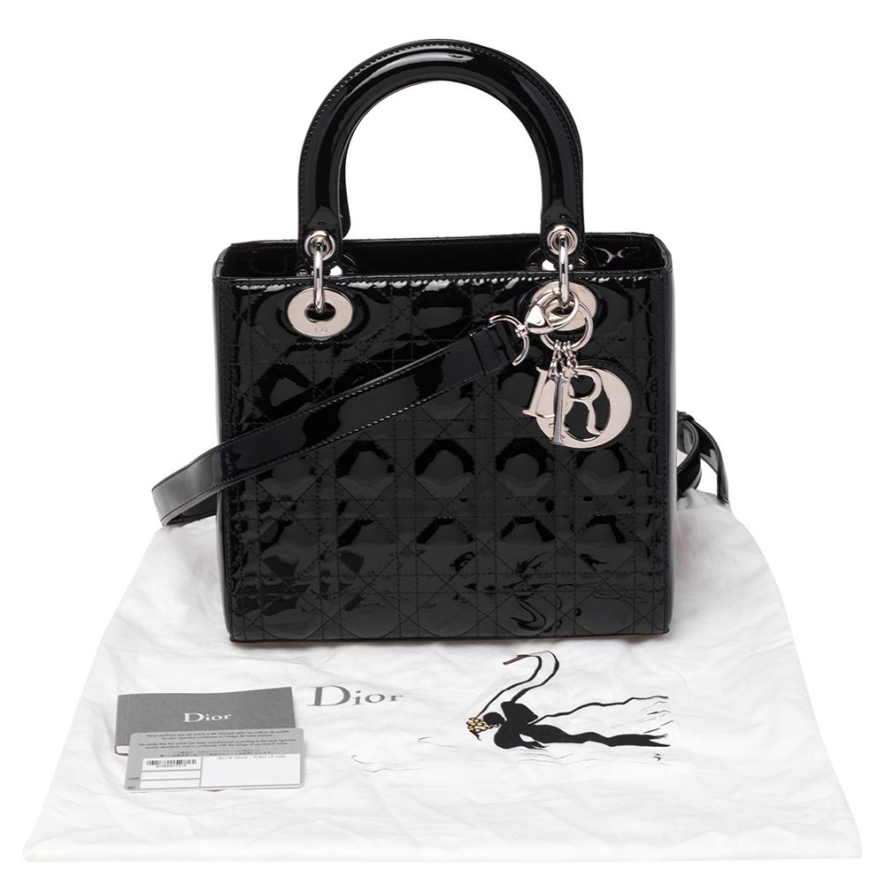 Dior Black Cannage Patent Leather Medium Lady Dior Tote 8