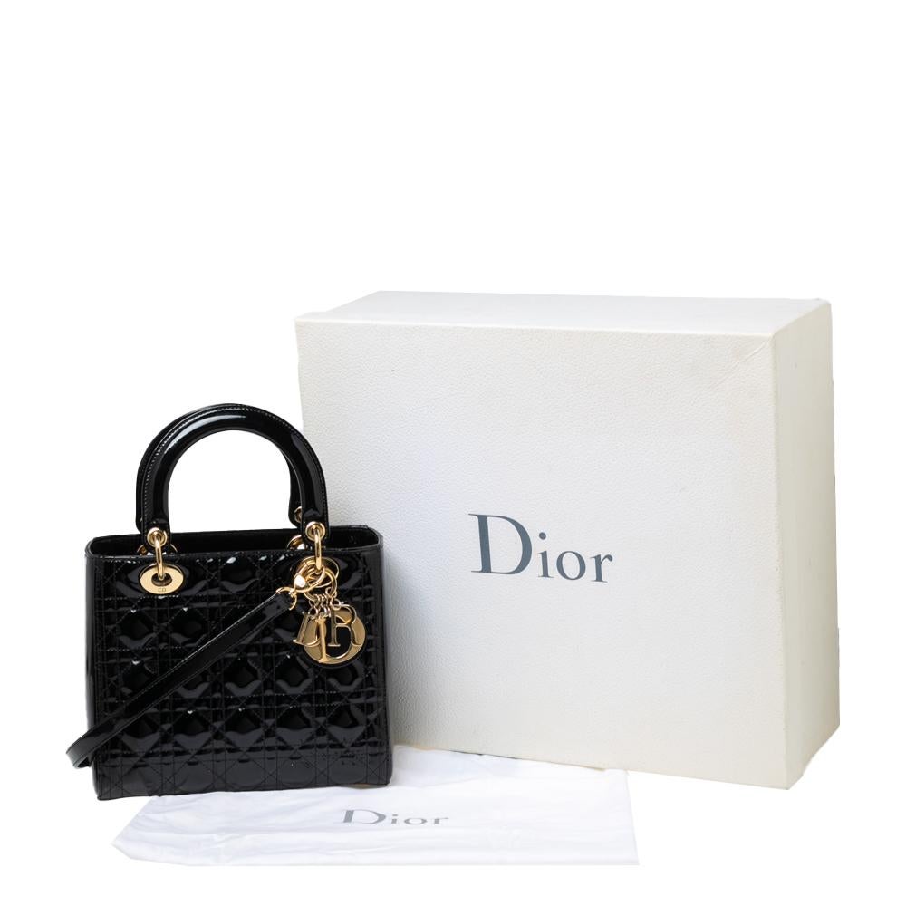 Dior Black Cannage Patent Leather Medium Lady Dior Tote 8