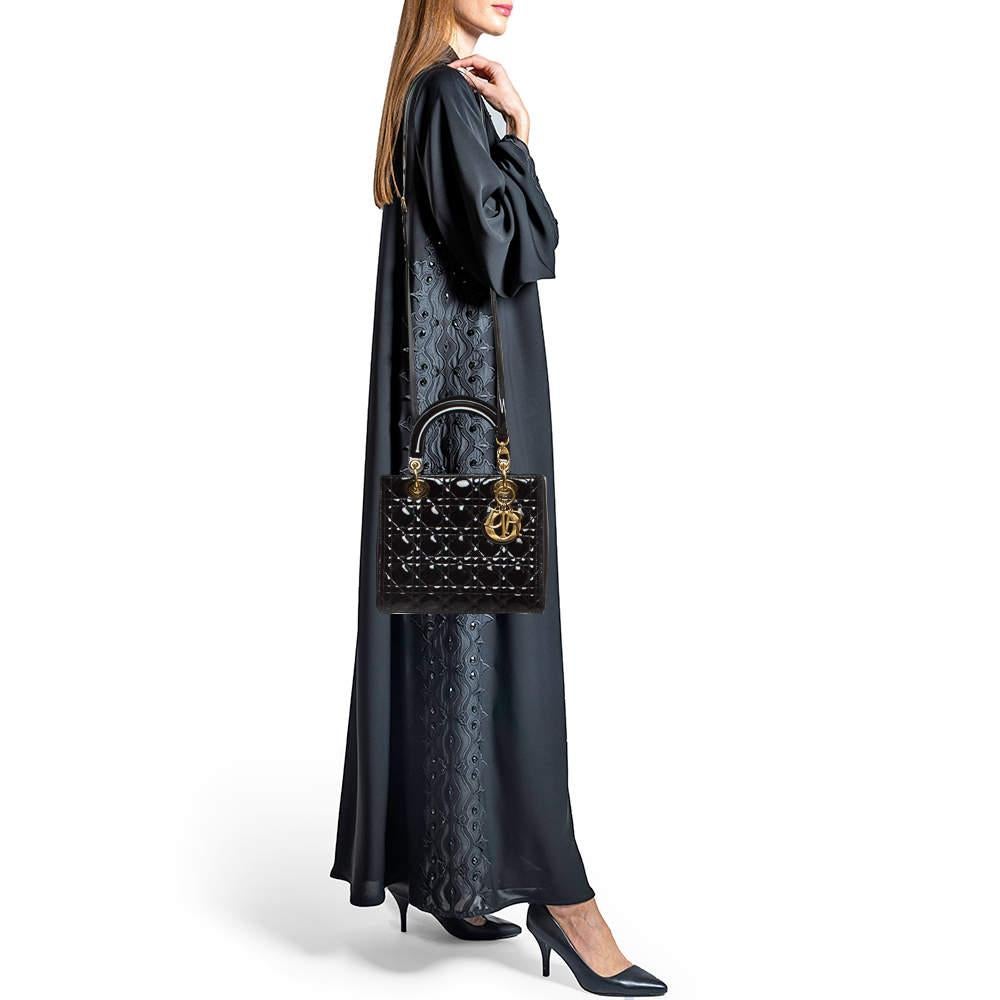 Dior Black Cannage Patent Leather Medium Lady Dior Tote en vente 8