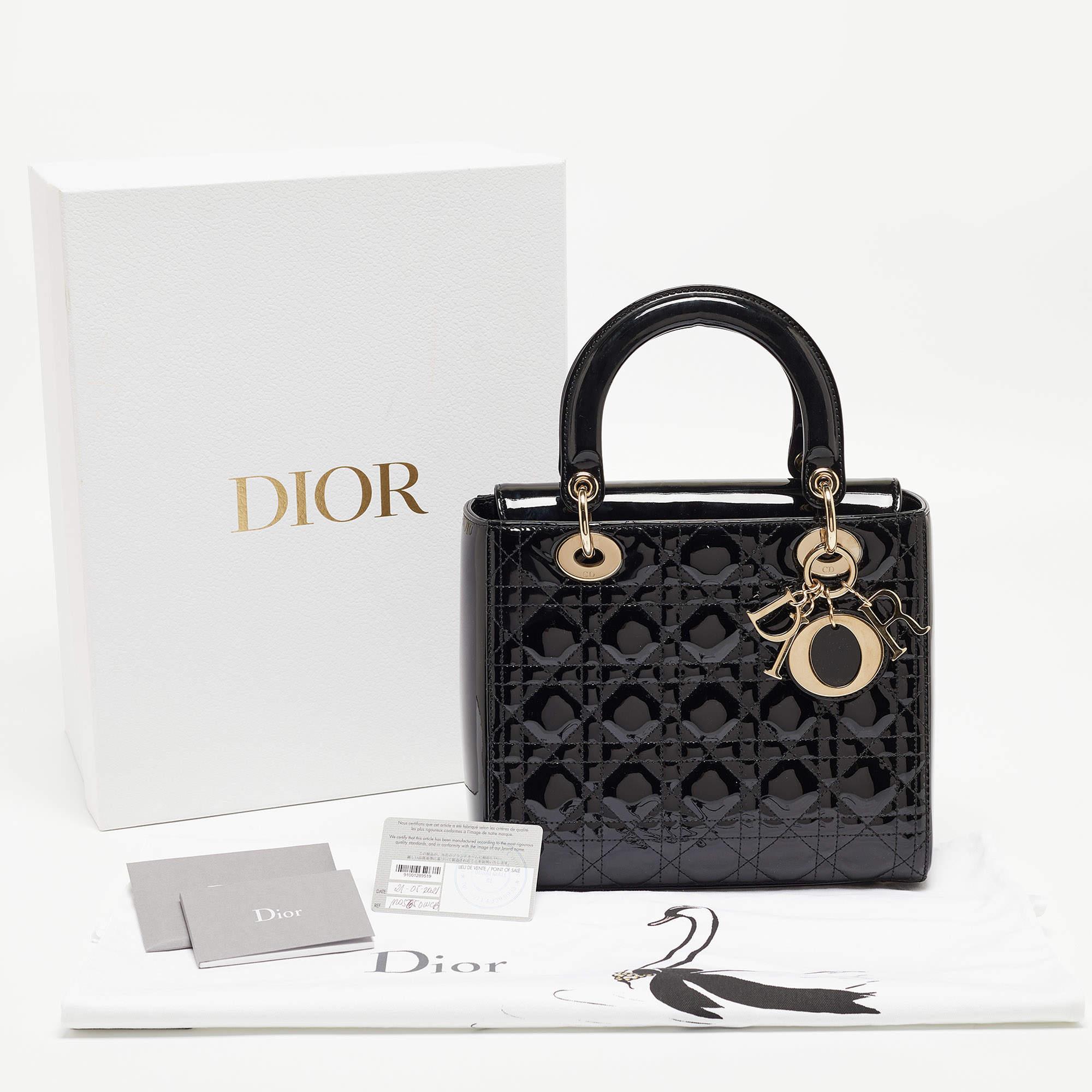 Dior Black Cannage Patent Leather Medium Lady Dior Tote For Sale 12