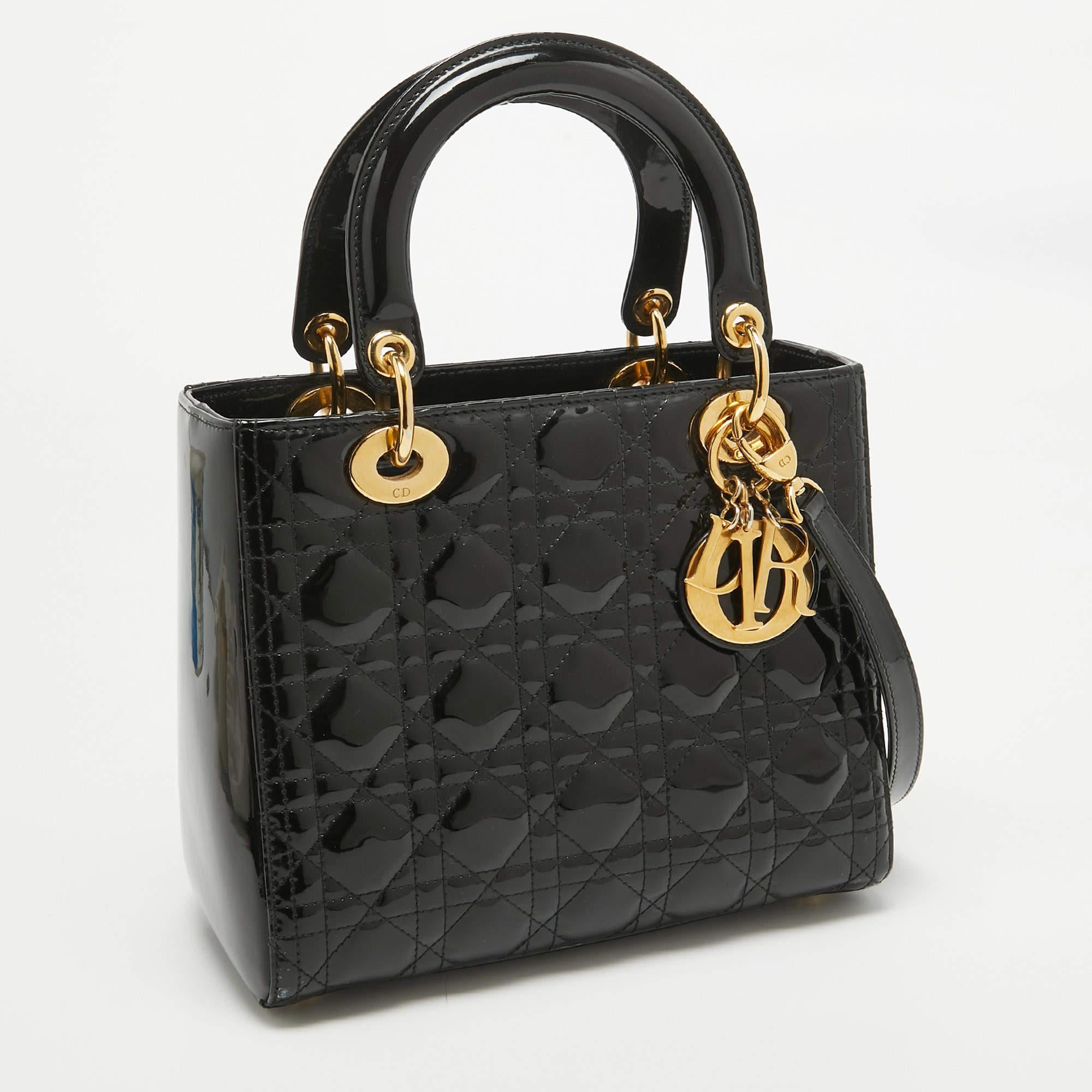 Dior Black Cannage Patent Leather Medium Lady Dior Tote In Good Condition In Dubai, Al Qouz 2