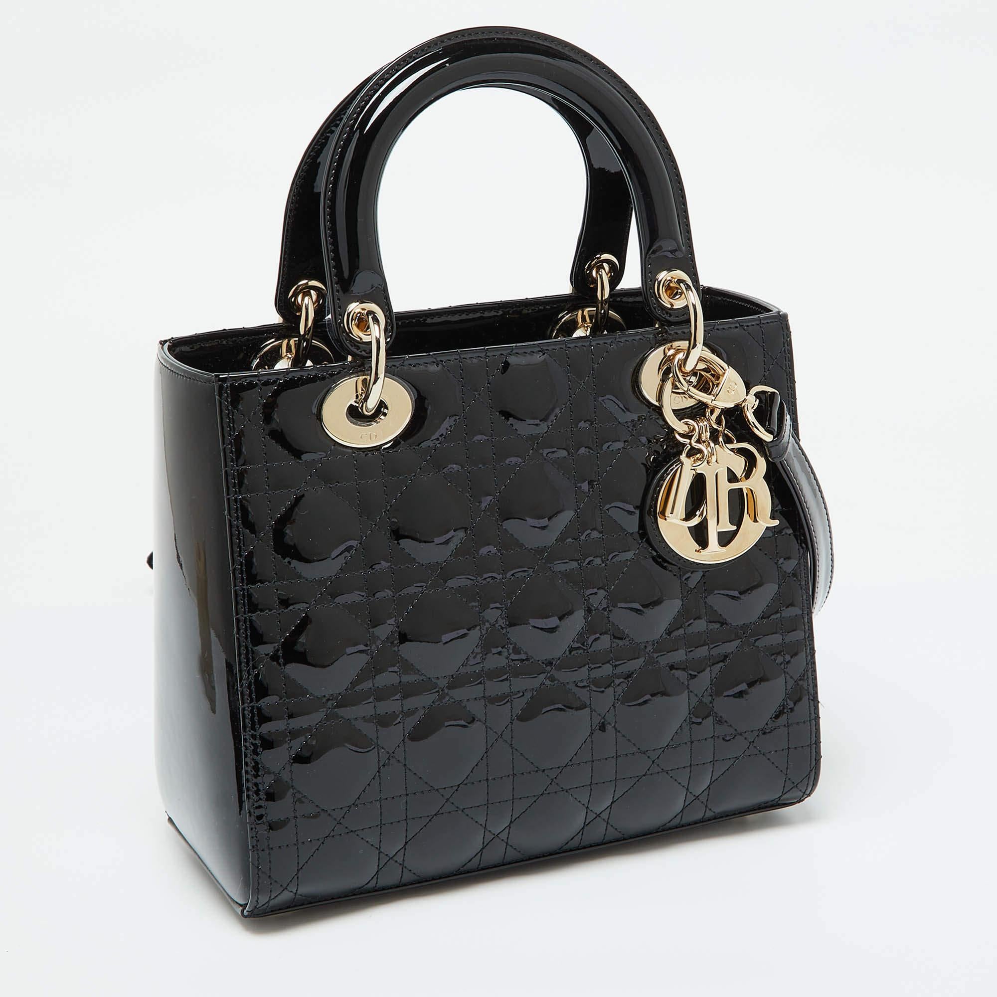 Dior Black Cannage Patent Leather Medium Lady Dior Tote In Excellent Condition In Dubai, Al Qouz 2