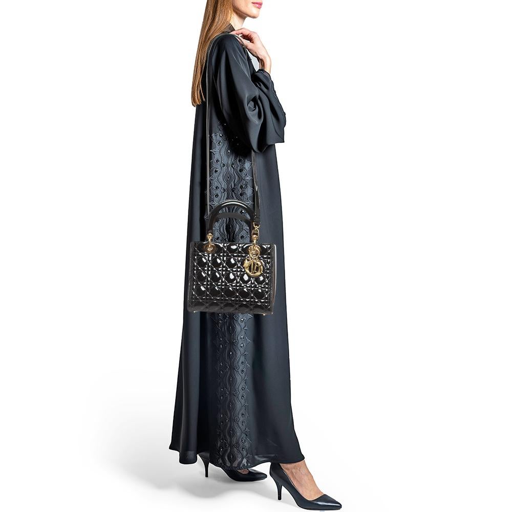 Dior Black Cannage Patent Leather Medium Lady Dior Tote In Good Condition In Dubai, Al Qouz 2