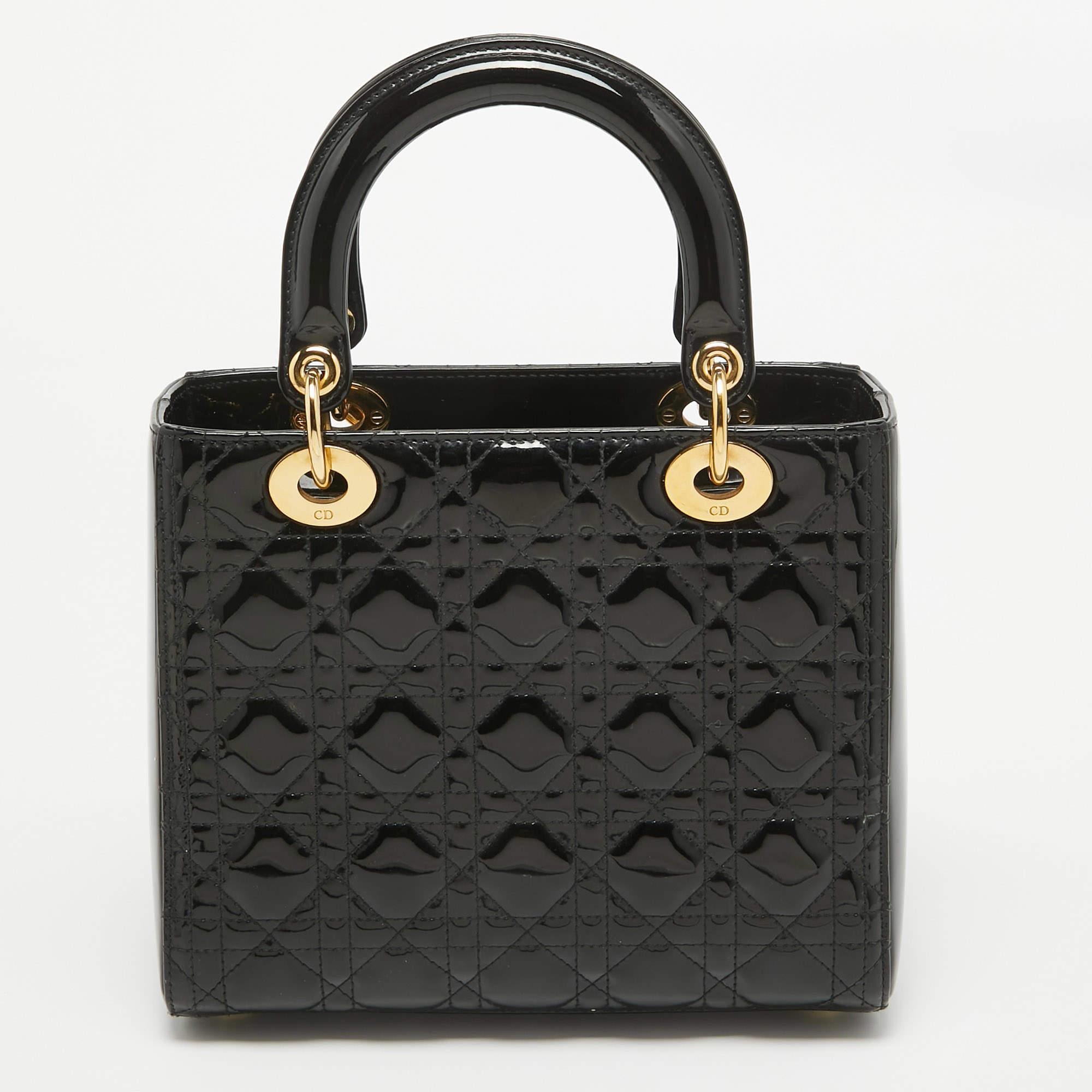 Women's Dior Black Cannage Patent Leather Medium Lady Dior Tote