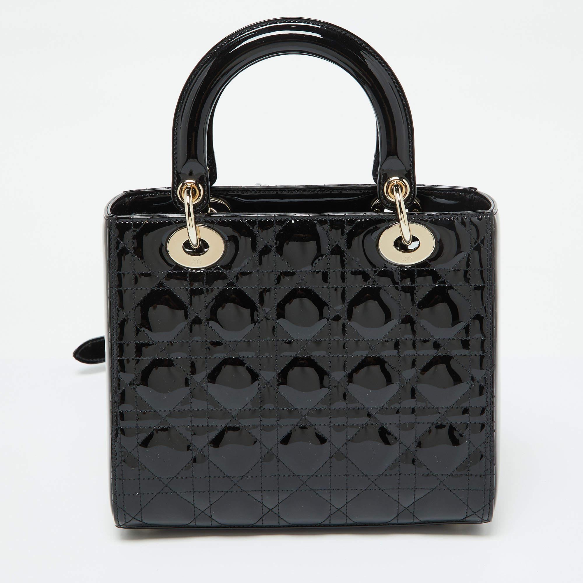Women's Dior Black Cannage Patent Leather Medium Lady Dior Tote
