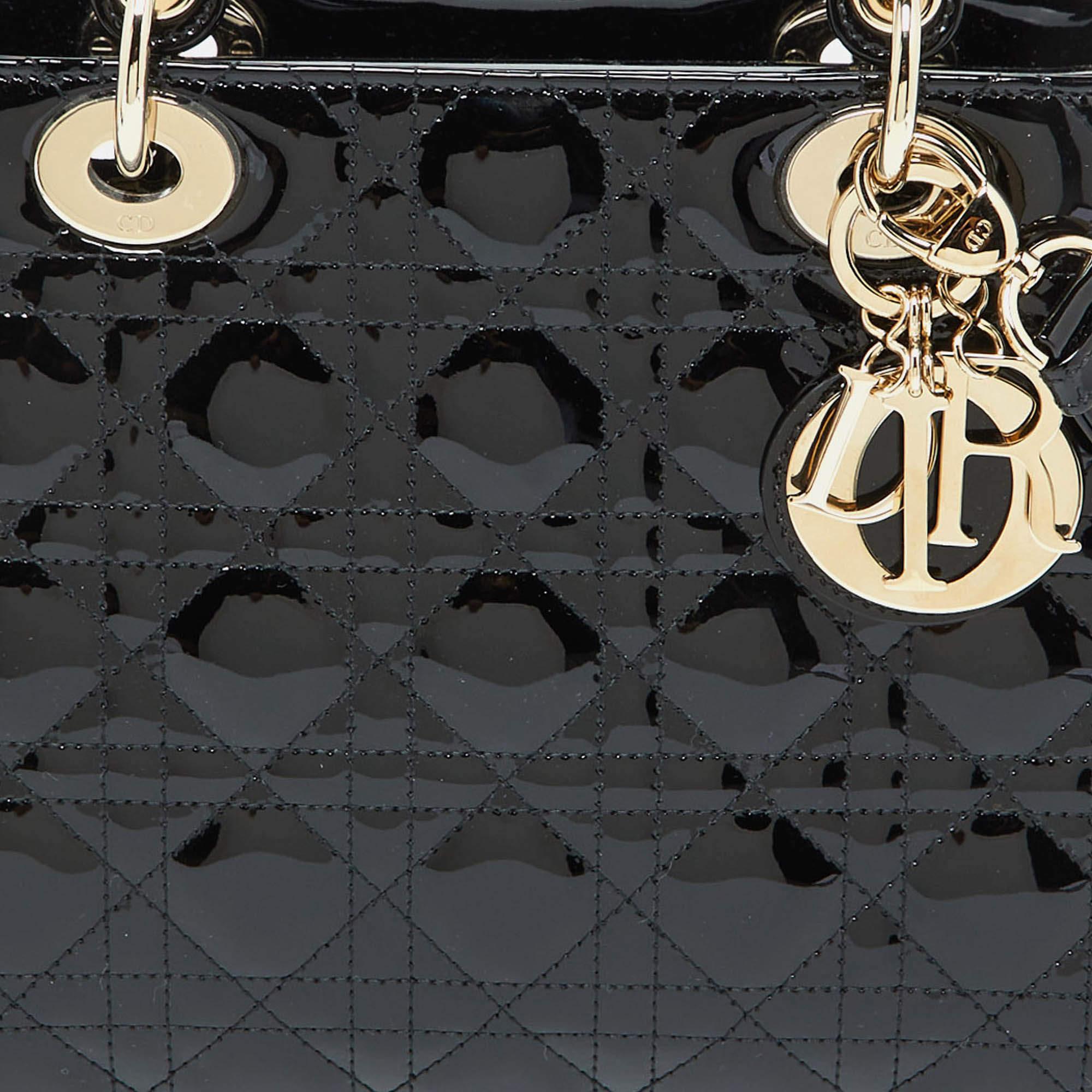 Dior Black Cannage Patent Leather Medium Lady Dior Tote 1
