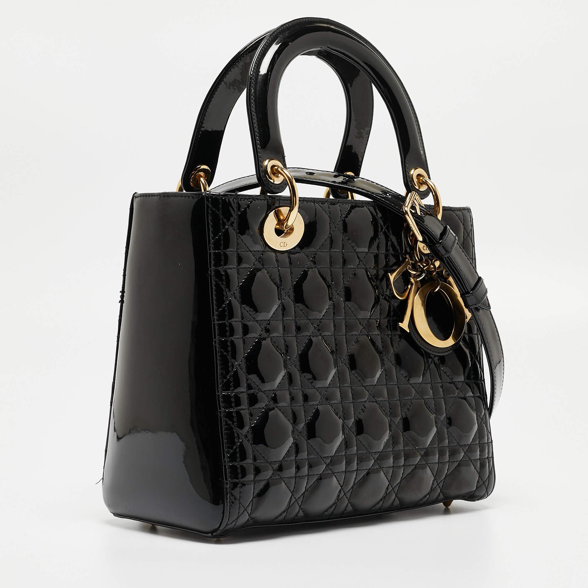 Dior Black Cannage Patent Leather Medium Lady Dior Tote en vente 1
