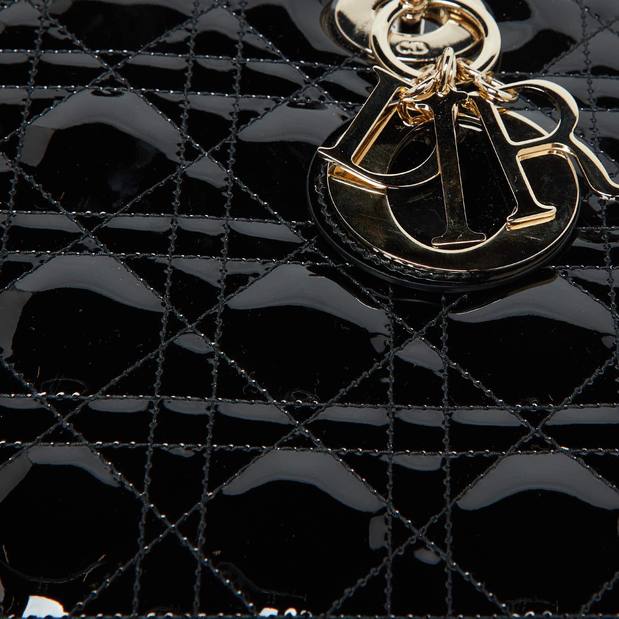 Dior Black Cannage Patent Leather Medium Lady Dior Tote 2