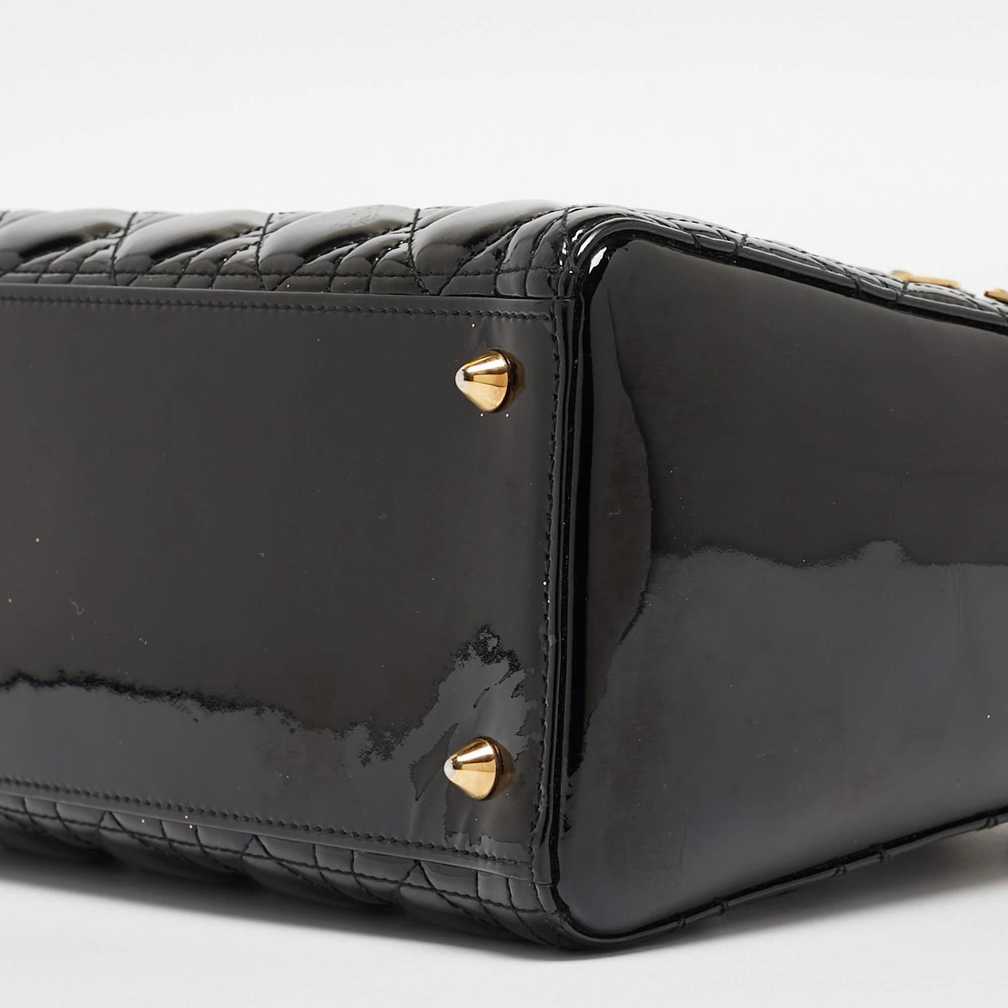 Dior Black Cannage Patent Leather Medium Lady Dior Tote en vente 4