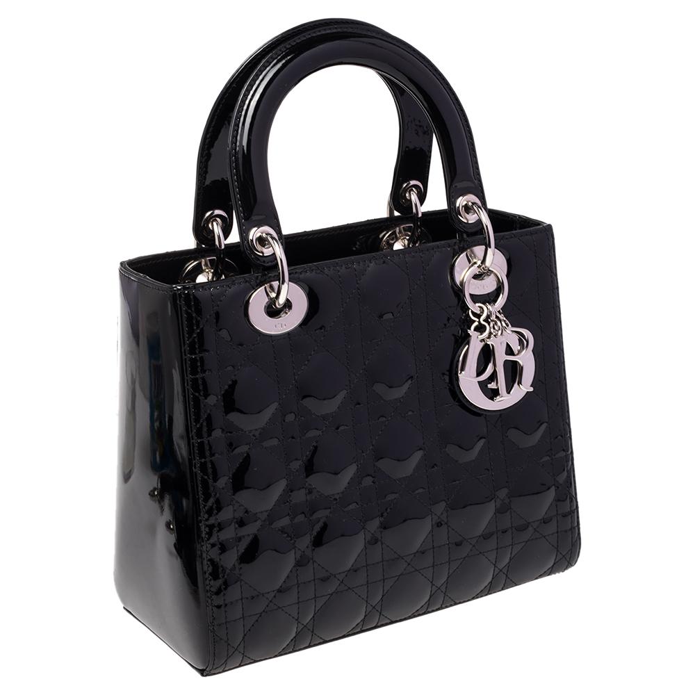 Dior Black Cannage Patent Leather Medium Lady Dior Tote In Good Condition In Dubai, Al Qouz 2