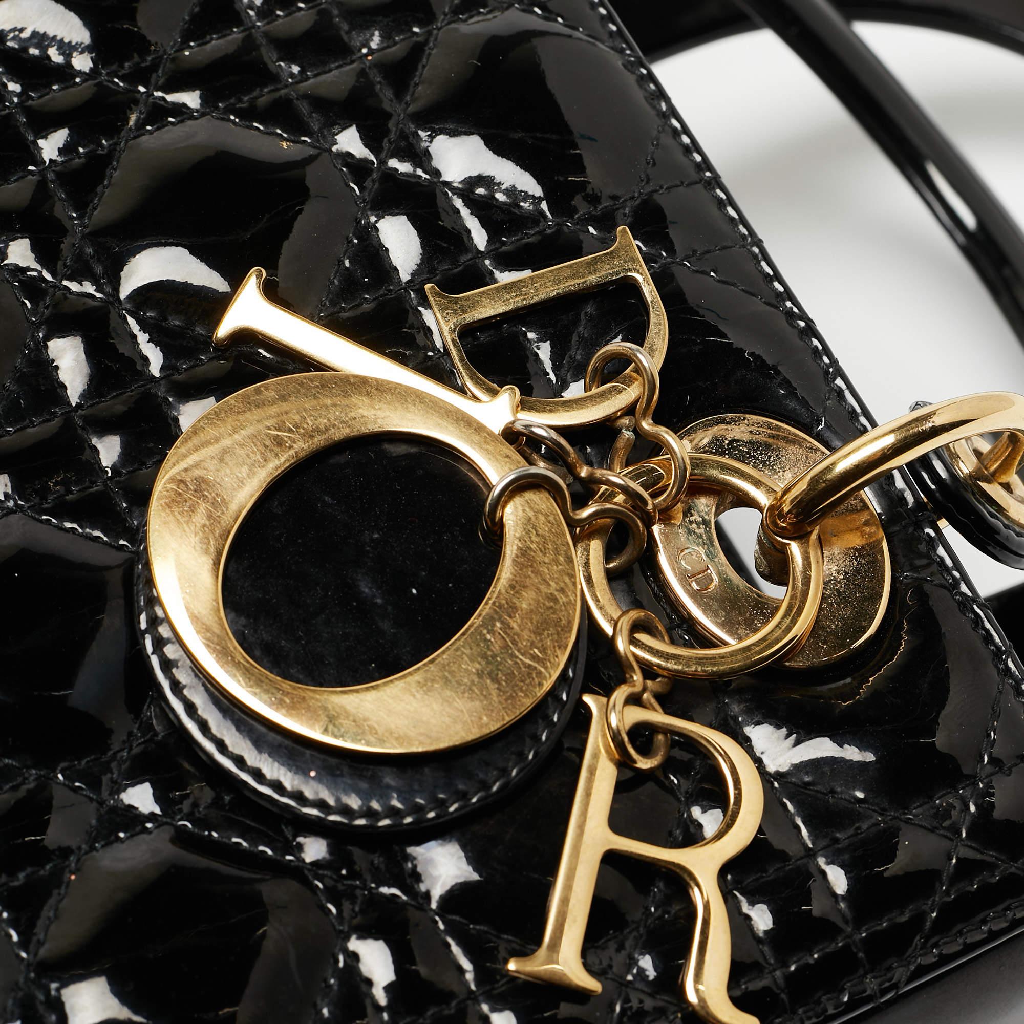 Dior Black Cannage Patent Leather Medium Lady Dior Tote en vente 5