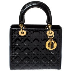 Dior Black Cannage Patent Leather Medium Lady Dior Tote