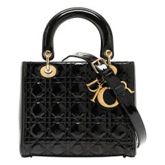 Dior Black Cannage Patent Leather Medium Lady Dior Tote