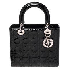 Dior Black Cannage Patent Leather Medium Lady Dior Tote