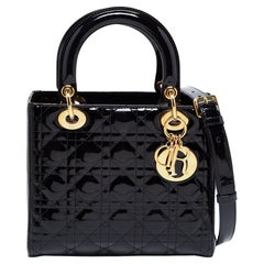 Dior Black Cannage Patent Leather Medium Lady Dior Tote