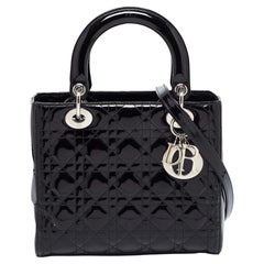 Dior Black Cannage Patent Leather Medium Lady Dior Tote