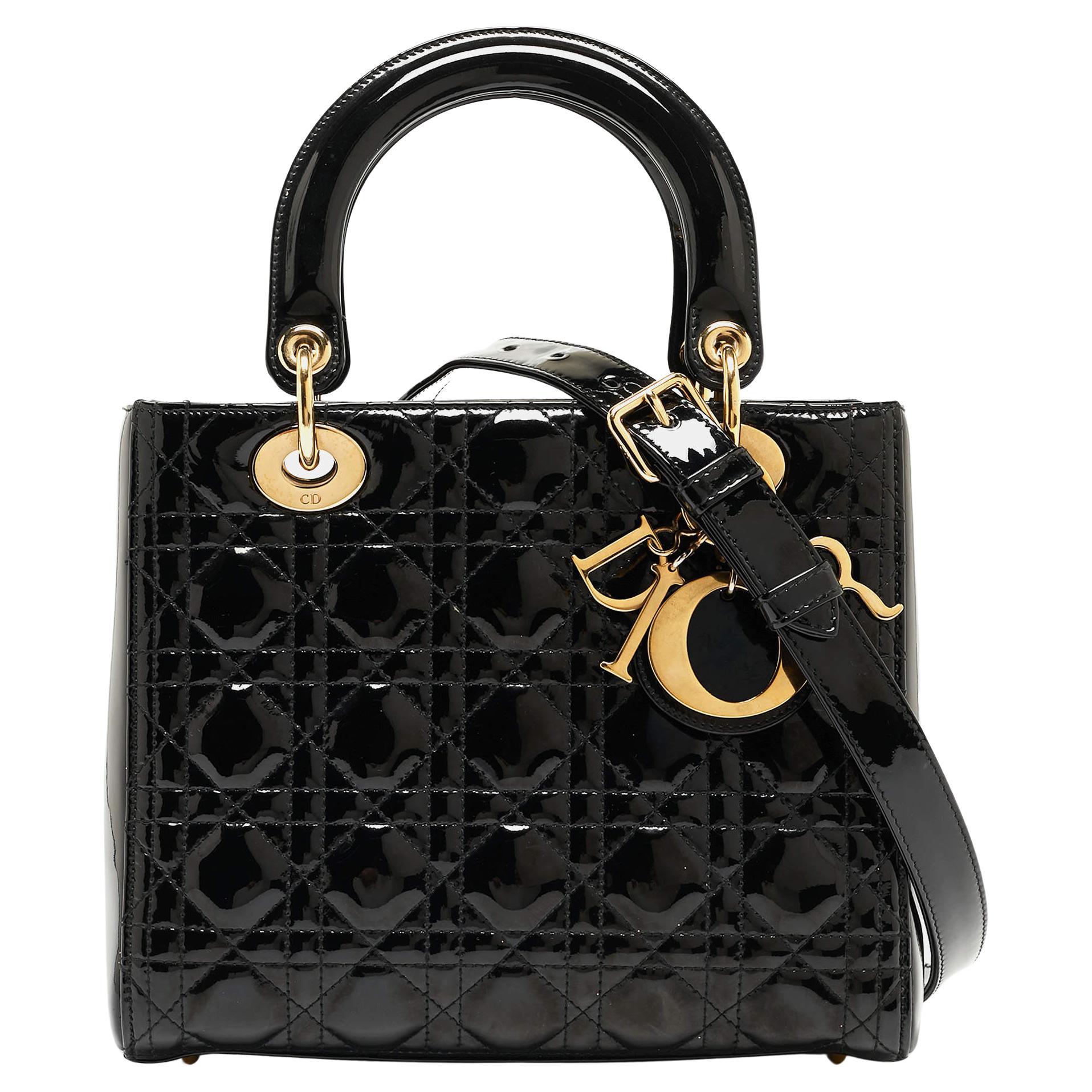 Dior Black Cannage Patent Leather Medium Lady Dior Tote en vente