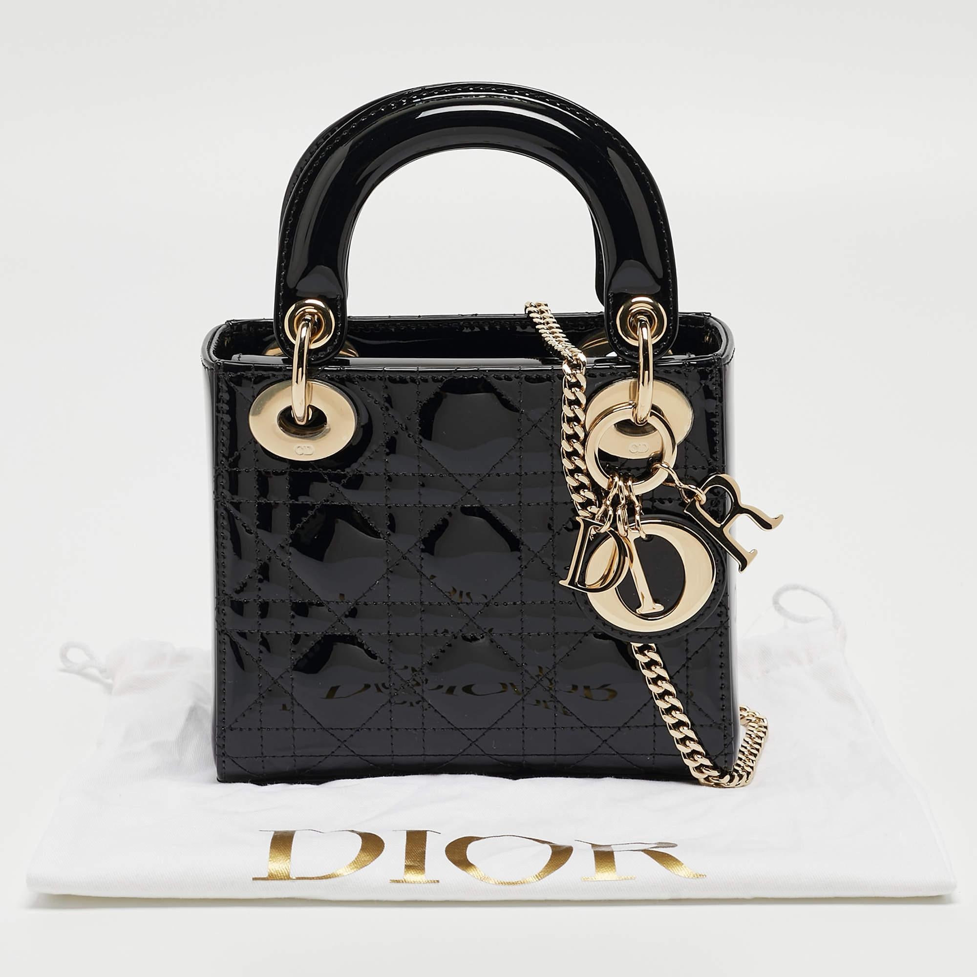Dior Black Cannage Patent Leather Mini Lady Dior Tote 10