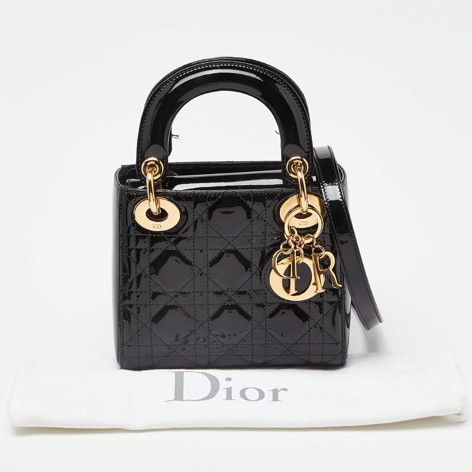 Dior Black Cannage Patent Leather Mini Lady Dior Tote 11