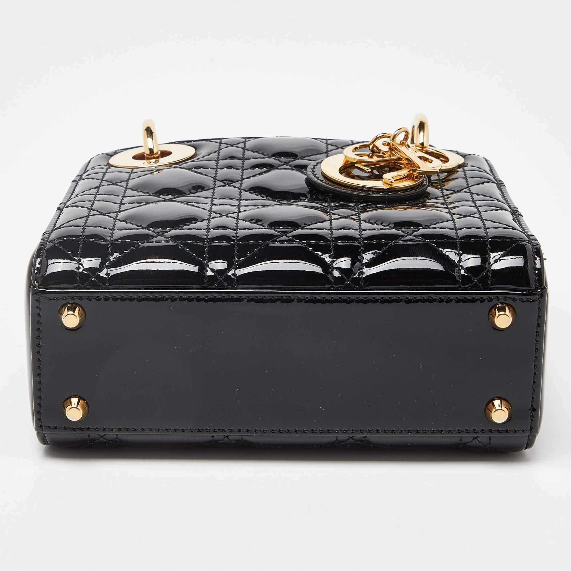 Dior Black Cannage Patent Leather Mini Lady Dior Tote 4