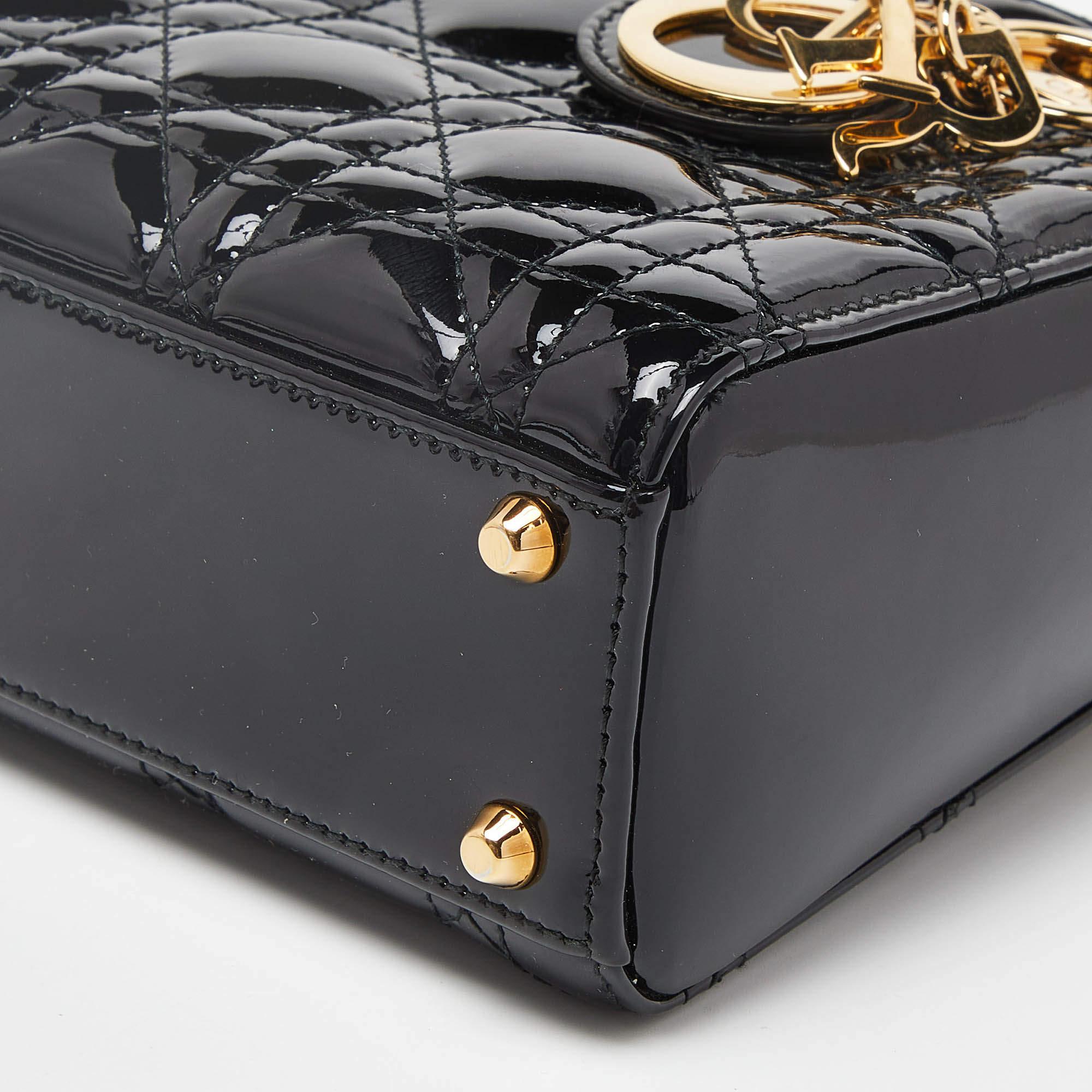 Dior Black Cannage Patent Leather Mini Lady Dior Tote 5
