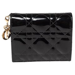 Used Dior Black Cannage Patent Leather Mini Lady Dior Wallet