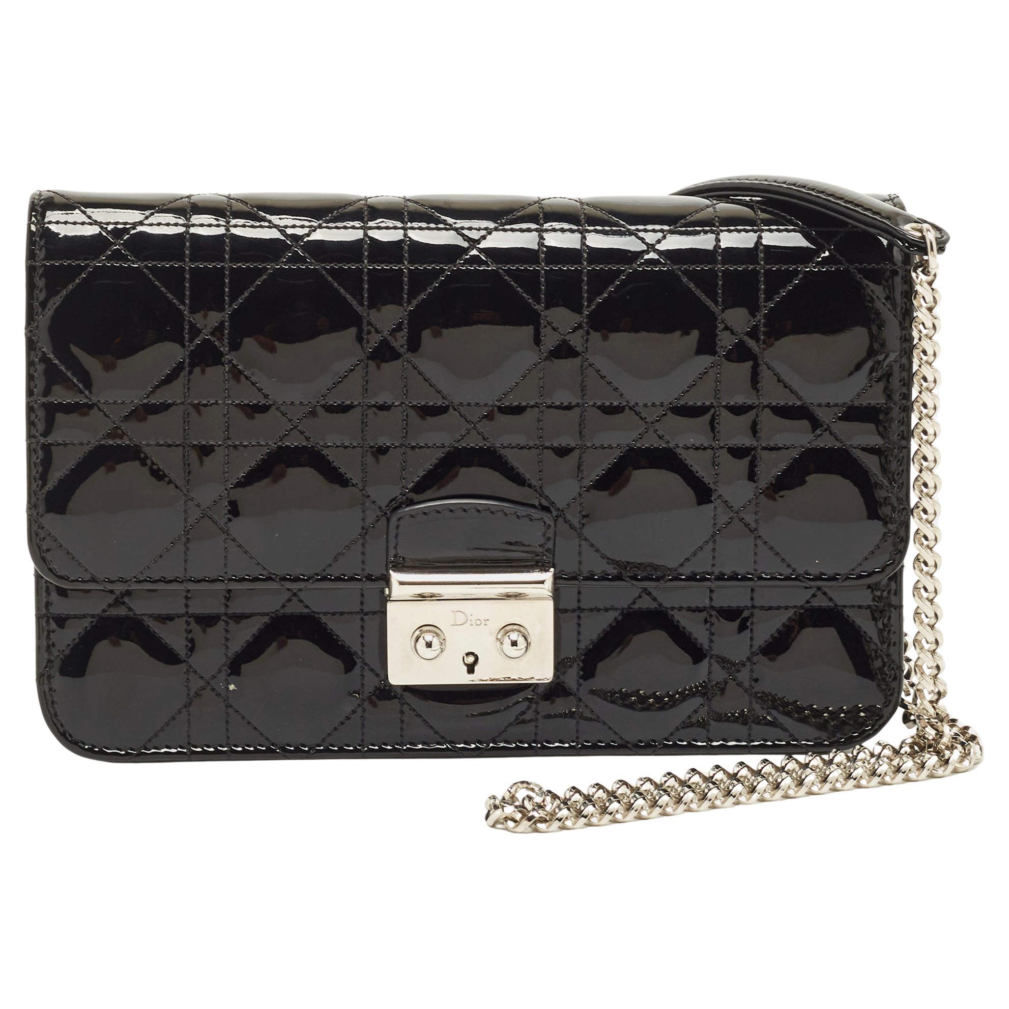 Dior Black Cannage Patent Leather Miss Dior Promenade Chain Bag