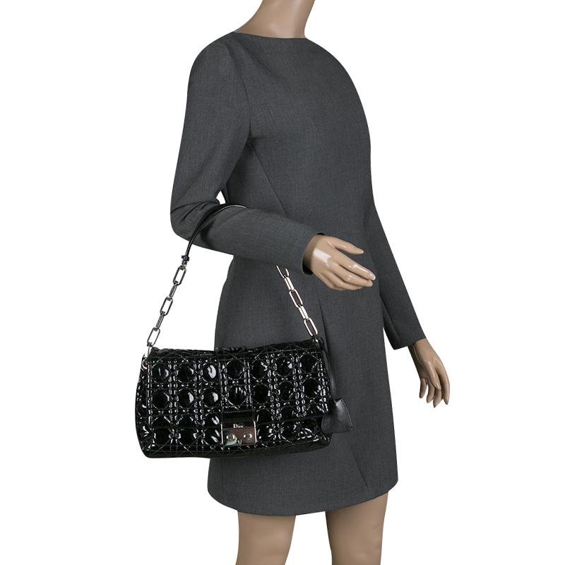 Dior Black Cannage Patent Leather New Lock Flap Bag (Schwarz)