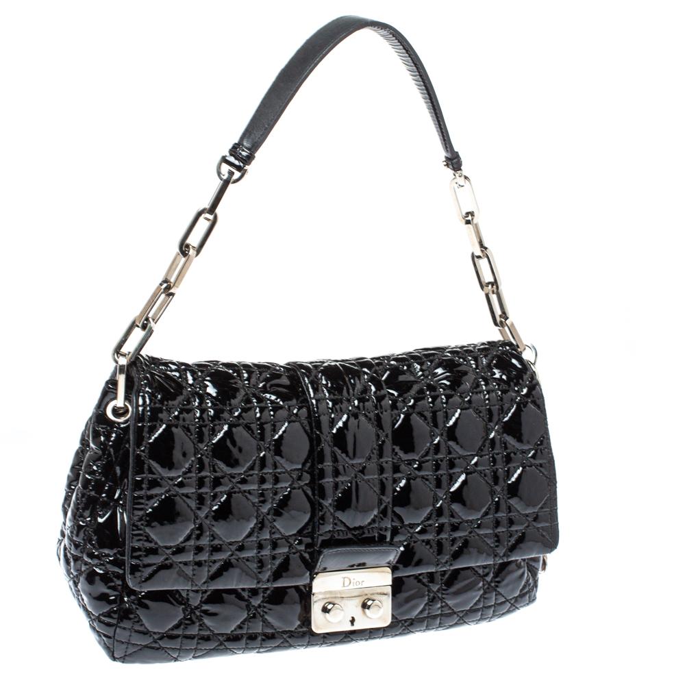 Women's Dior Black Cannage Patent Leather New Lock Flap Bag