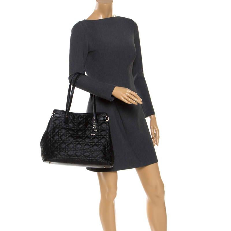 Dior Black Cannage Quilted Coated Canvas Medium Panarea Tote In Good Condition In Dubai, Al Qouz 2