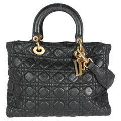 Dior Black Cannage Quilted Grained Calfskin Large Lady Dior Bag