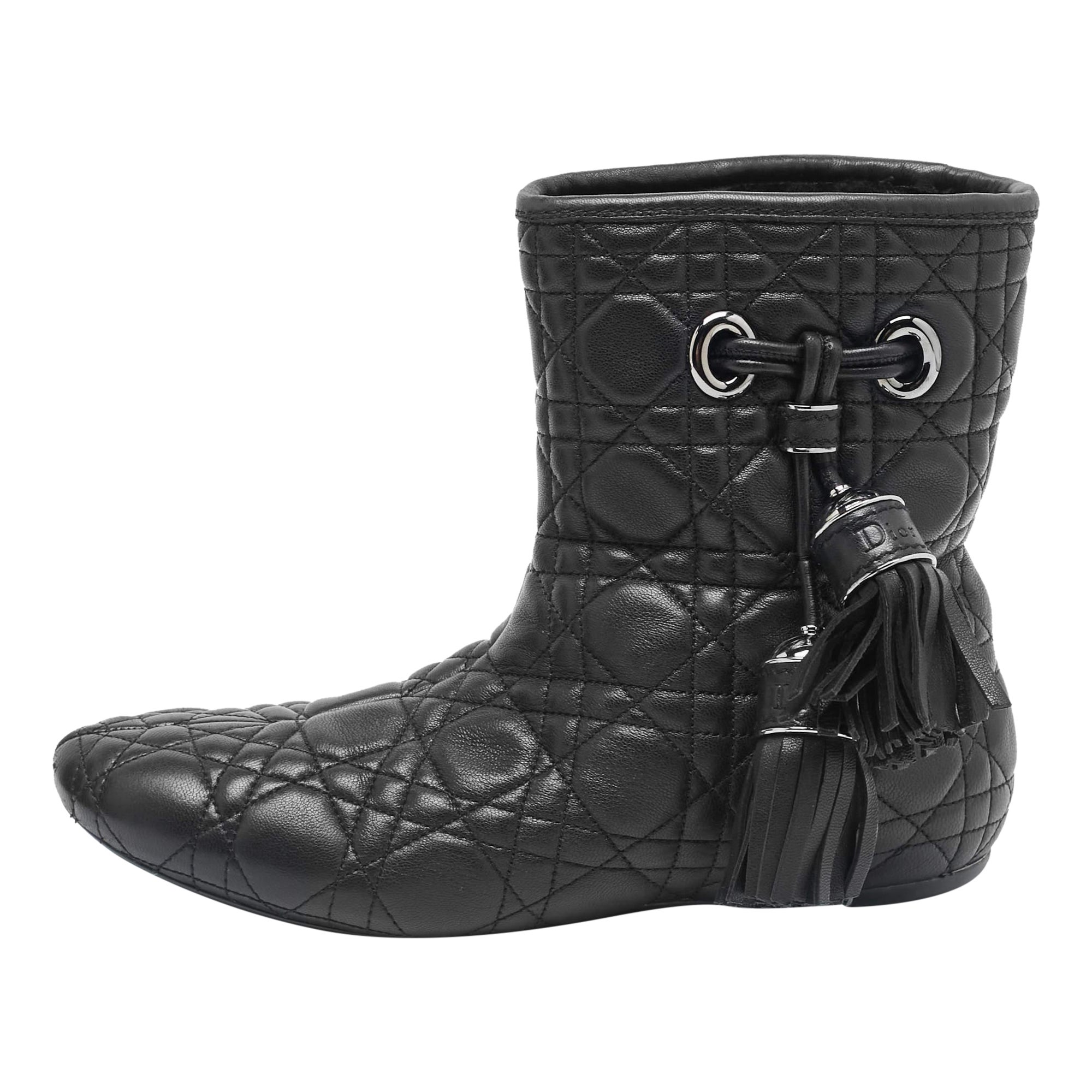 Dior Black Cannage Quilted Leather Tassel Snow Boots Size 38