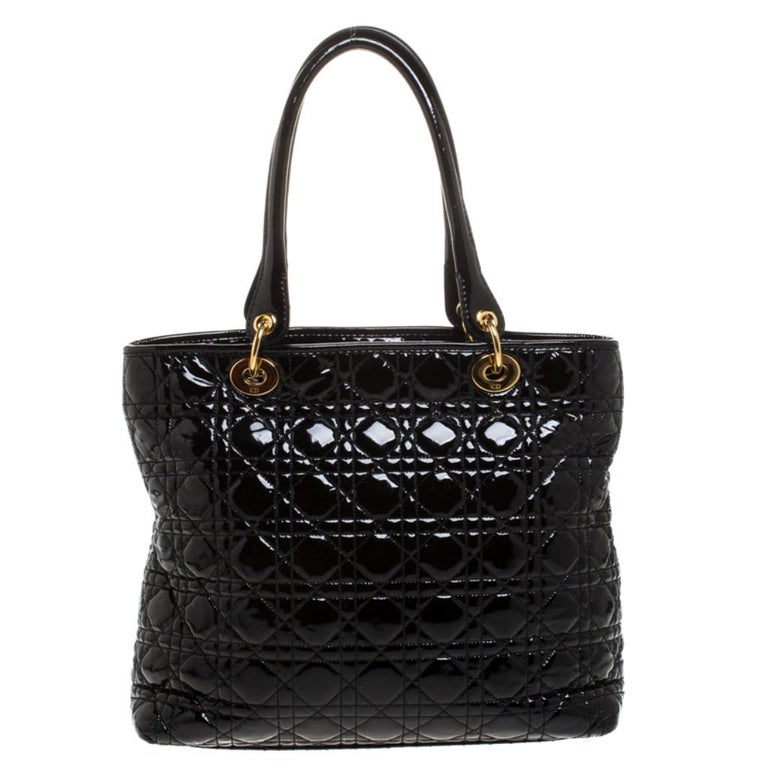 Dior Black Cannage Quilted Patent Leather Medium Soft Lady Dior Tote at