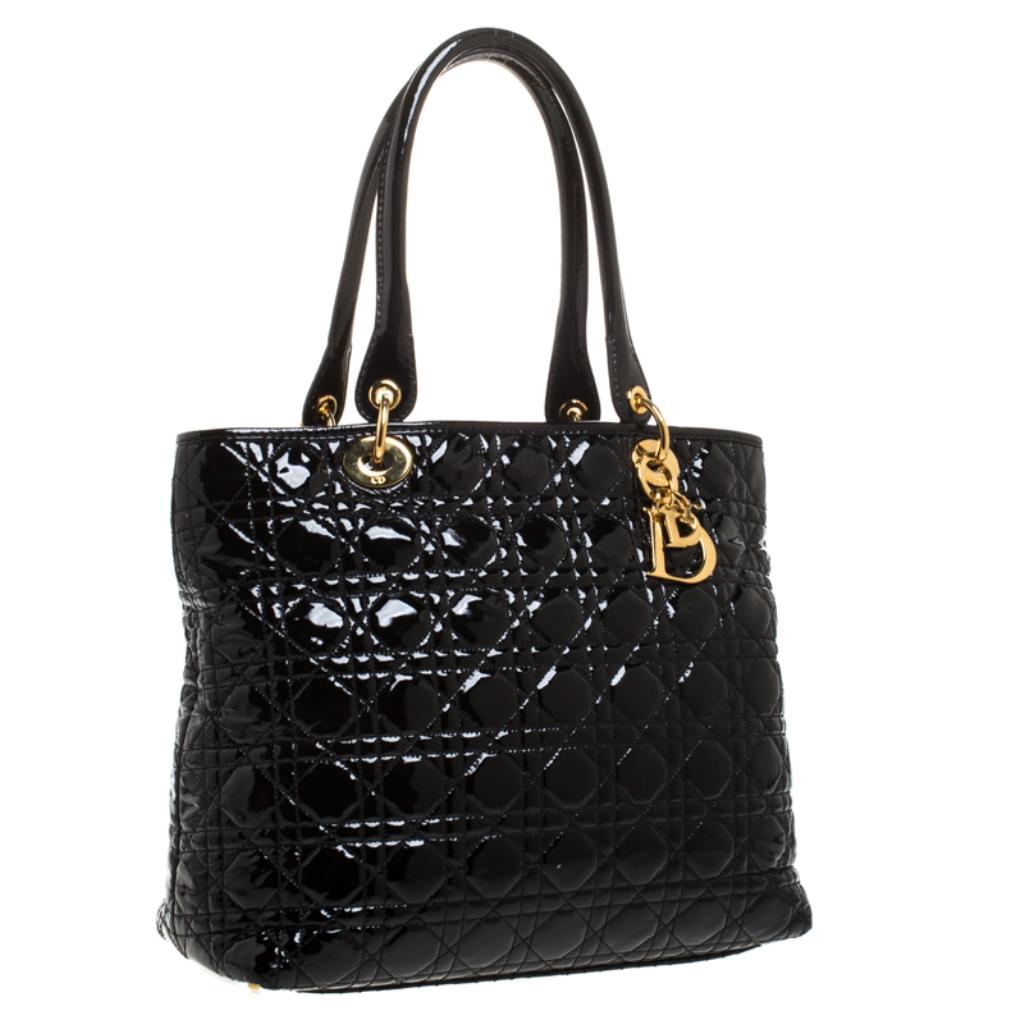 Women's Dior Black Cannage Quilted Patent Leather Medium Soft Lady Dior Tote
