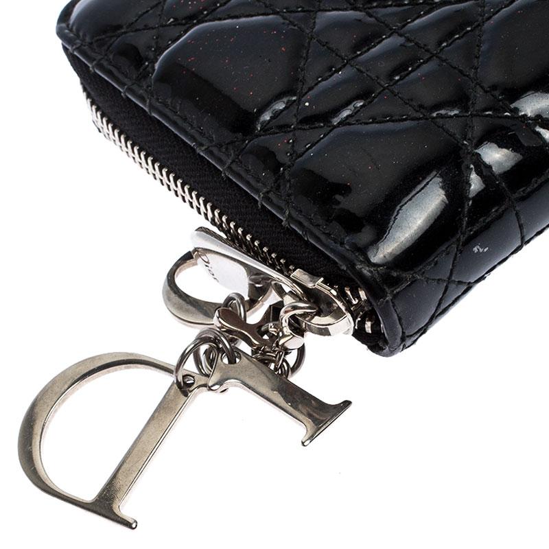 Women's Dior Black Cannage Quilted Patent Leather Zip Around Lady Dior Wallet
